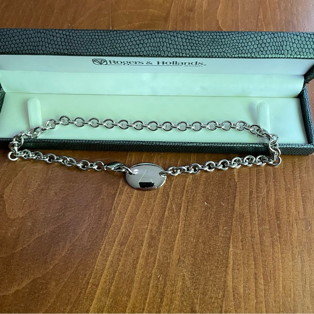 Rolo Chain Oval Tag Lobster Catch Necklace Choker Initial "A" - 16"